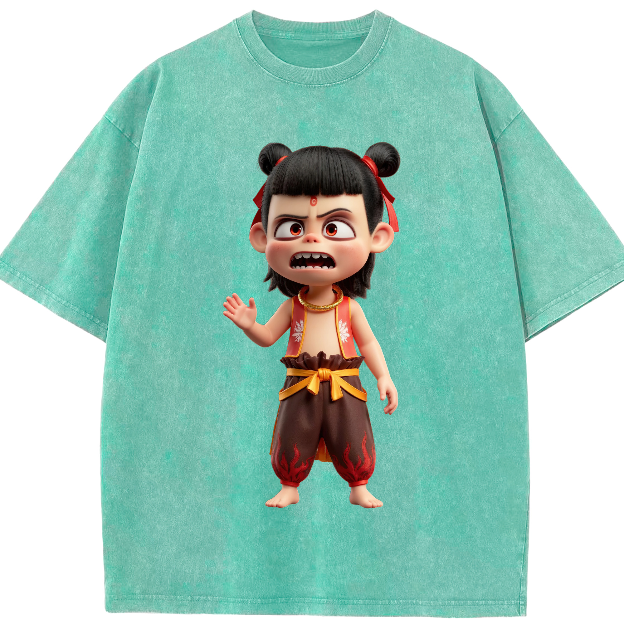 （画像用） Ne Zha 2 ナタ 魔童の大暴れ 綿100% ヴィンテージ風 半袖Tシャツ（フロントプリント）